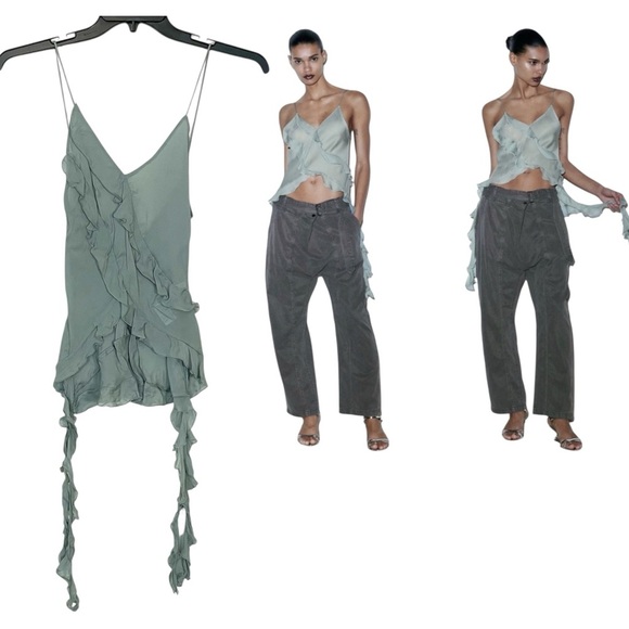 Zara Strappy Semi-Sheer Tank Top Ruffles Green Coquette Fairy Womens Size S - Picture 1 of 7